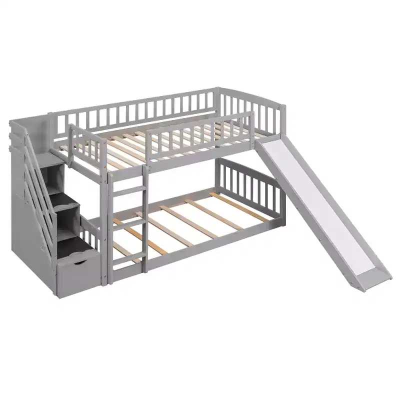 Stairway Twin over Twin Bunk Bed with Two Drawers and Slide
