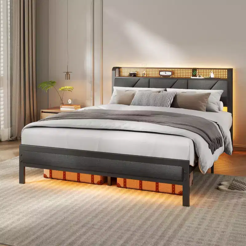 Queen Size Platform Bed Frame Upholstered Headboard LED Lights Charging Station Heavy Duty Metal Support No Box Spring Needed Modern Bedroom USB