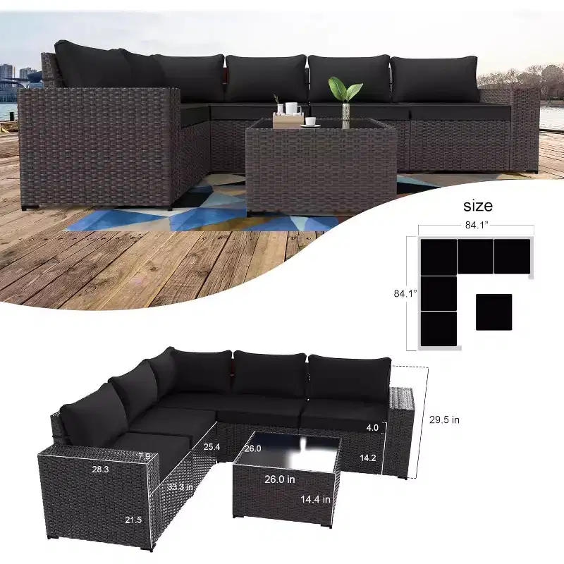 ALAULM 6PCS Outdoor Patio Furniture Set PE Wicker Rattan Sectional Sofa Patio Conversation Sets