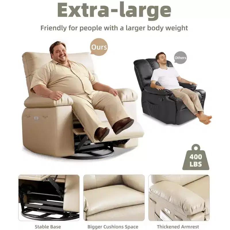 Oversized Rocker Swivel Recliner Chair, Faux PU Leather Manual Recliner with Comfort Arm and Back, Single Sofa Seat for Living Room, Bedroom