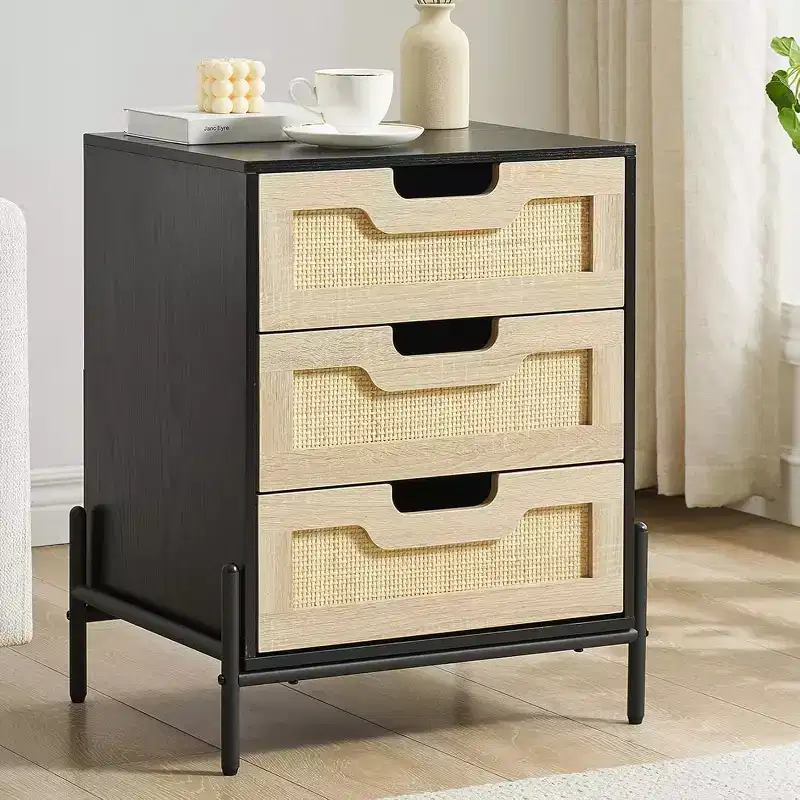 Nightstand, Rattan Nightstand, Boho Cabinet with 3 Drawers, Bedside Table for Bedroom, Rattan Cabinet, Living Room, Natural, 2 Pack
