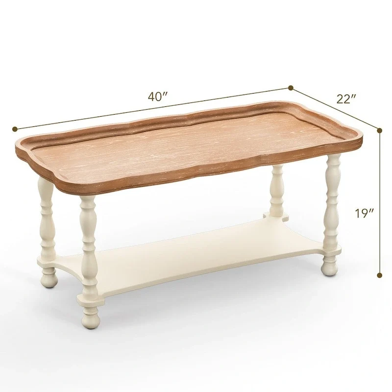 French Farmhouse Coffee Table with Natural Tray Top and Shelf
