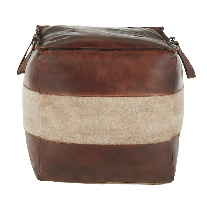 Leather & Canvas Pouf Ottoman – Brown/Tan, Black/Grey, Espresso/Tan – 1 Person