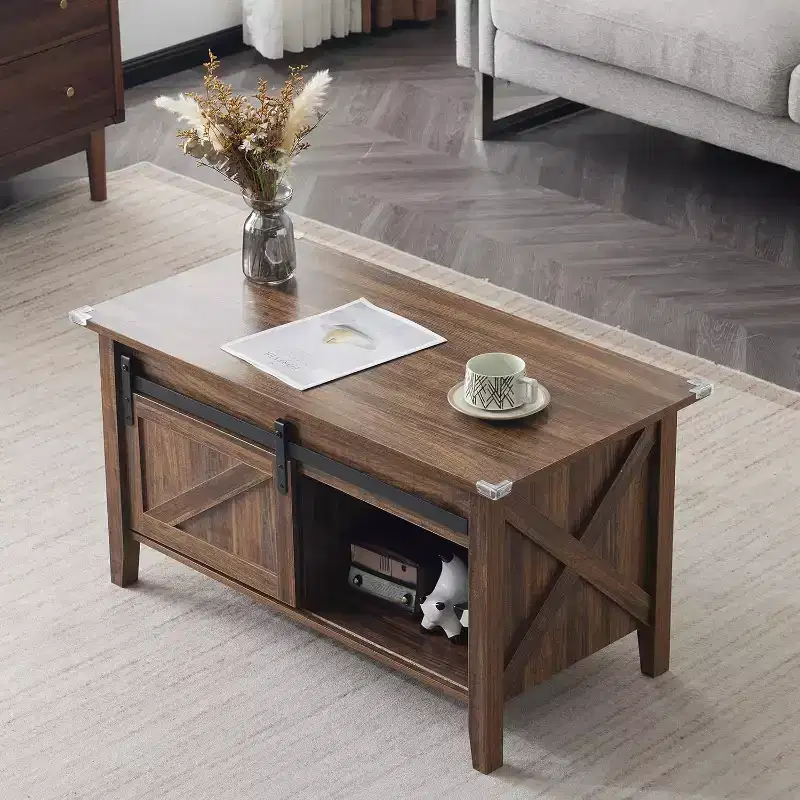 Farmhouse Lift Top Coffee Table, Coffee Tables with Storage Shelf/Hidden Compartment, Mesa De Centro para Sala, Rustic Brown