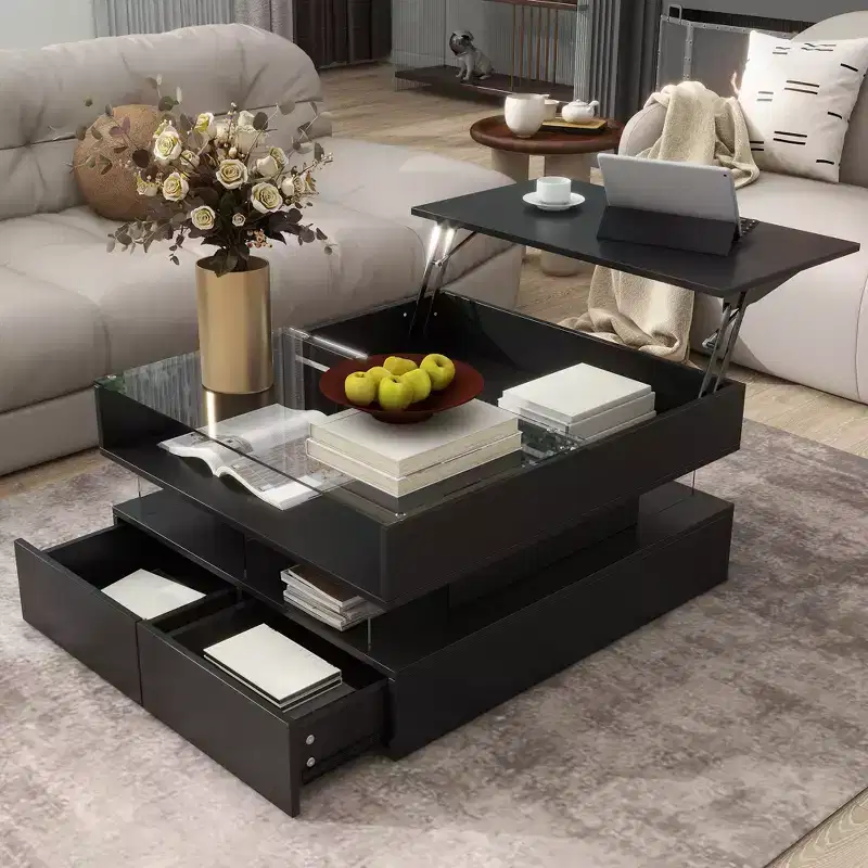 Modern Lift Top Coffee Table with Drawers, Square Center Table with Glass Top, Coffee Table with Hidden Space and LED Lights for Living Room
