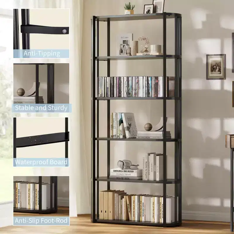 6-Tier Tall Bookshelf, Industrial Bookcase with Open Shelves & Metal Frame, Space Saving Display Shelf for Living Room Office Apartments