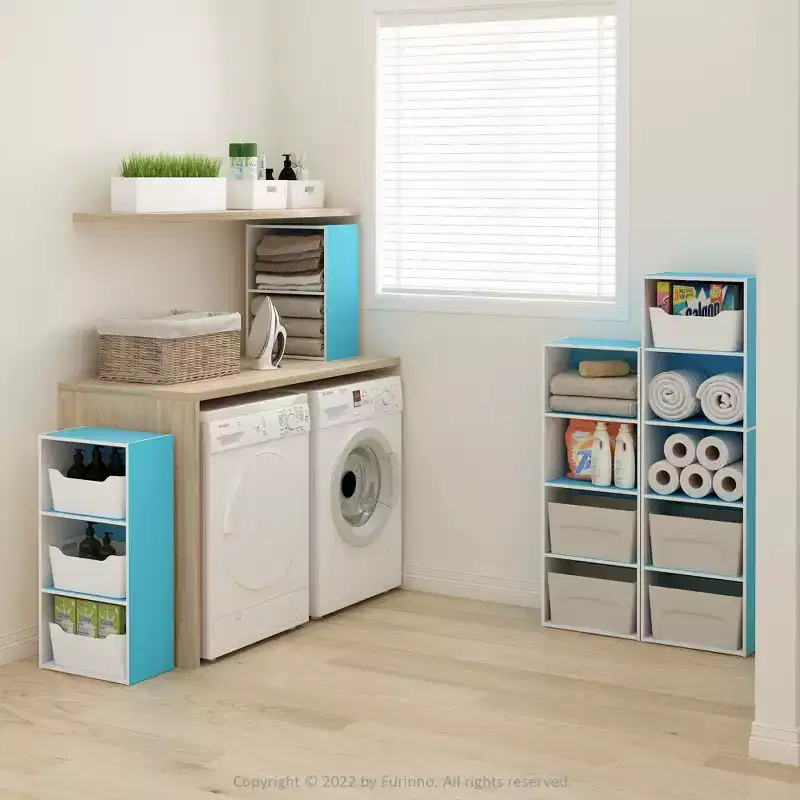 3-Tier Decorative Bookshelf Reversible 3 Cube Open Shelf Bookcase for Living Room&Home Office,Light Blue/White