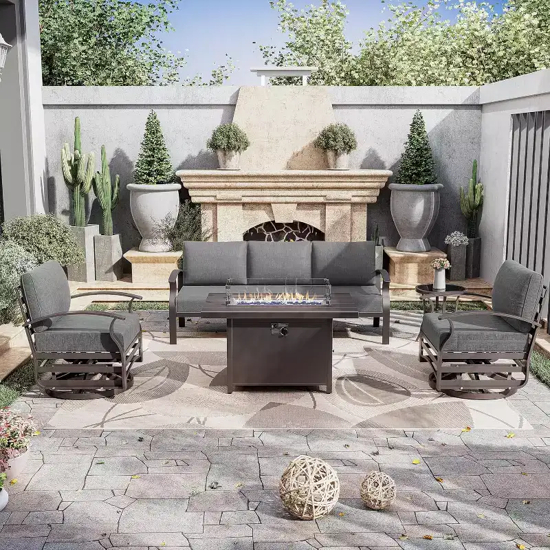 ALAULM Aluminum Patio Furniture Set 5-Seat Modern Metal Outdoor Conversation Sets w/45in Propane Fire Pit Table, Swivel Rocking Chairs