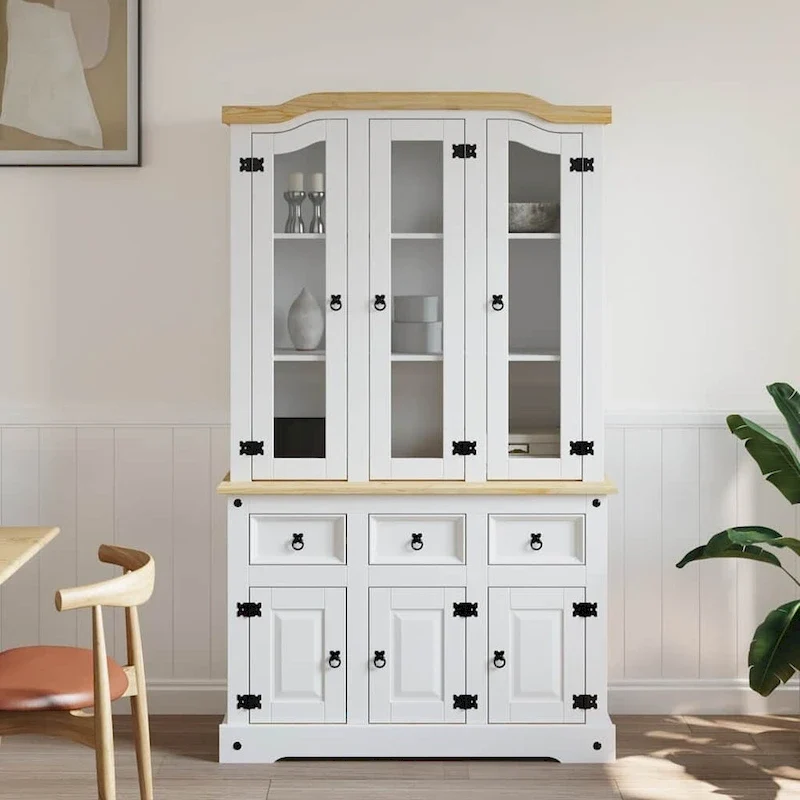 Highboard, 44.1x17x77.2 Inches, White and Natural Finish Top