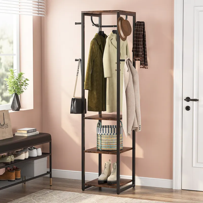 Freestanding Coat Rack with Shelves, 4 Shelves and 8 Hooks