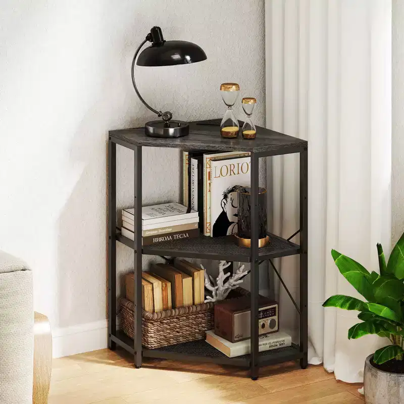 Costway Corner Printer Stand with Charging Station Adjustable Metal Mesh Shelf Black/Brown/White