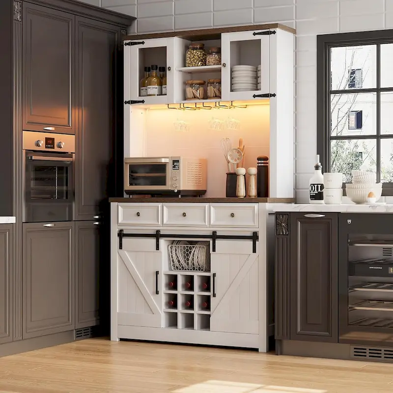 Modern Farmhouse Coffee Bar Cabinet with LED Lights & Power Outlets, Kitchen Cabinet