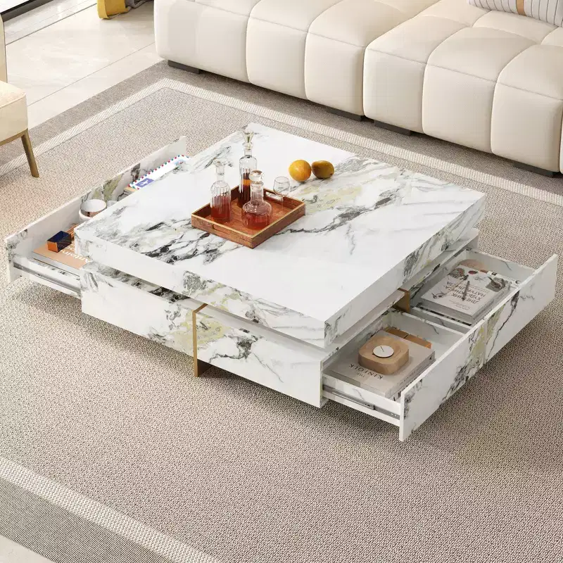Square Coffee Table Cocktail Table Center Table Sofa Side Table Floating Accent Table with 4 Drawers&Marble Textured, White - ModernLuxe