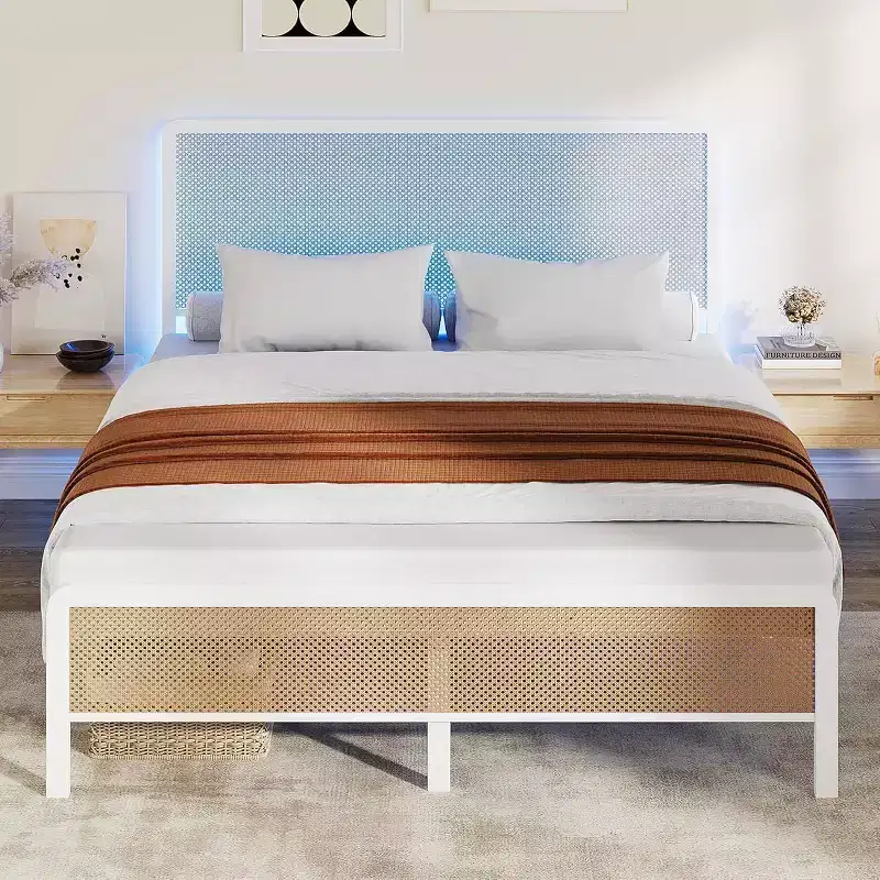 Rattan Bed Frame - Boho Headboard Platform w/ Steel Slats, Noise-Free, No Box Spring Needed