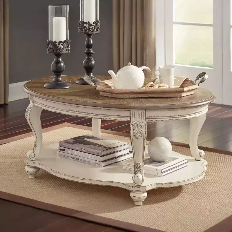 Realyn Coffee Table White/Brown - Signature Design by Ashley: Cottage Style, Distressed Wood Finish, Curved Legs