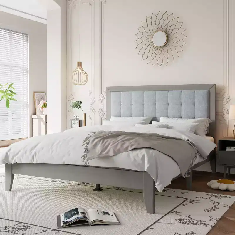 Okak Queen/King Platform Bed Frame Upholstered Modern Solid Wood Bed with Square Tufted Headboard Noise-Free Easy to Assemble