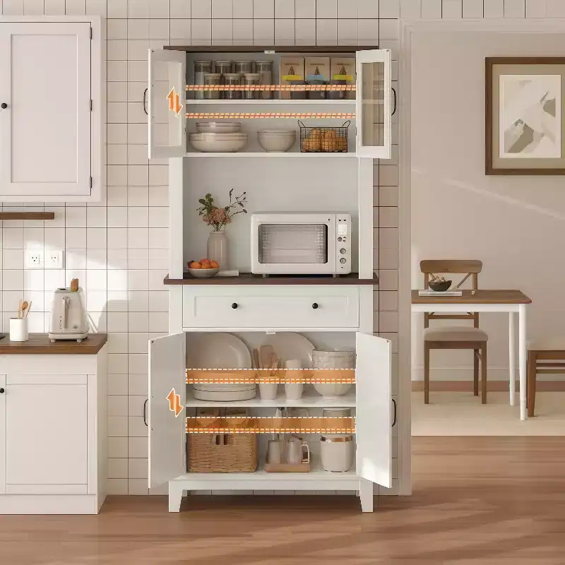 72 Tall Kitchen Bar Cabinet Hutch Featuring 4 Glass Doors & 1 Drawer, Modern Wood Pantry Coffee Cabinet with Ample Storage, White