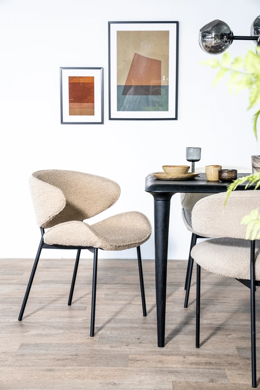 Modern Curved Fabric Upholstered Dining Chair with Black Metal Frame