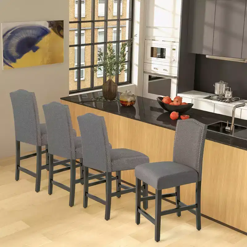 Costway Set of 2 Fabric Barstools Nail Head Trim Counter Height Dining Side Chairs Grey/Beige