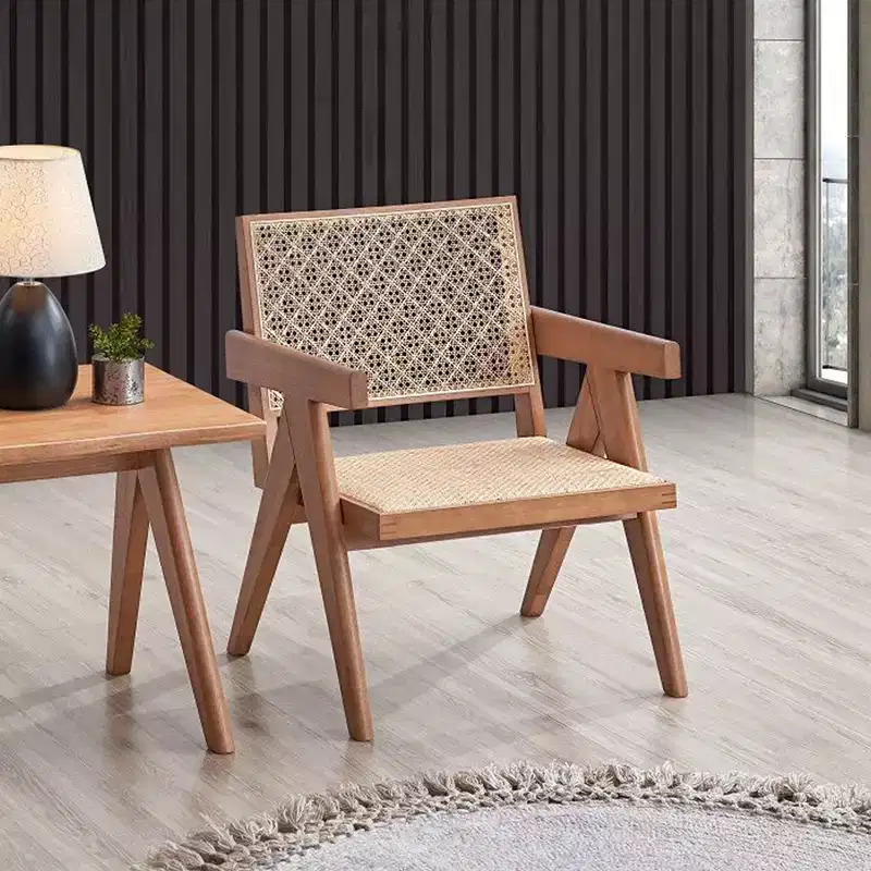Rattan & Wood Accent Chair, Scandinavian Style, Natural Finish