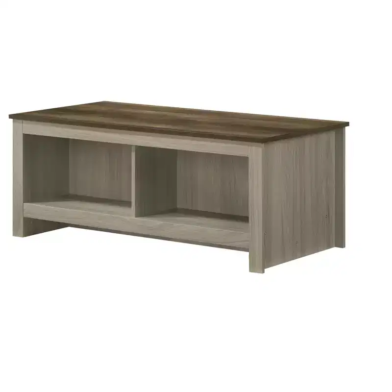 43W Gray Oak Coffee Table with Open Shelves, Front Back Shelves Walnut Finish Contrast Tabletop