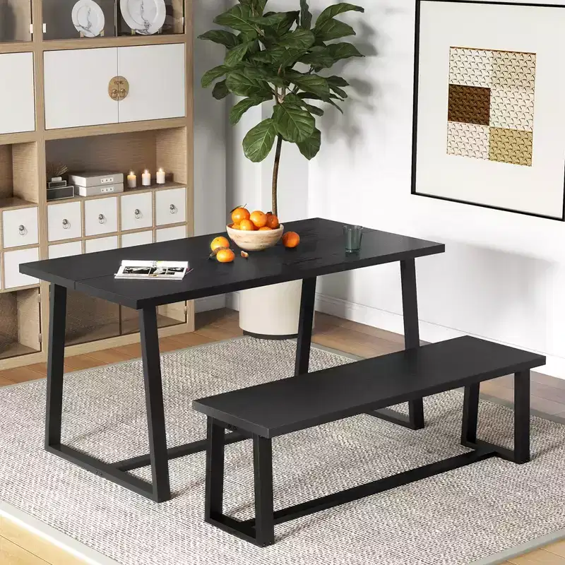 Costway 56.5L Large Wood Dining Bench with Metal Frame Adjustable Footpads for Kitchen Black/Coffee