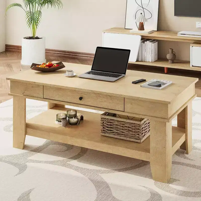 Rustic Rectangular Coffee Table with Sliding Drawer & Open Shelf, Farmhouse Style