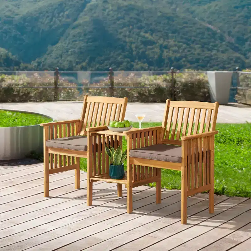 Bristol Acacia Wood Outdoor Double Seat Bench, Attached Table, Weather-Proof, Natural Finish, Porch, 60 in. W x 23 in. D x 35 in. H, Seat: 19 in. W x