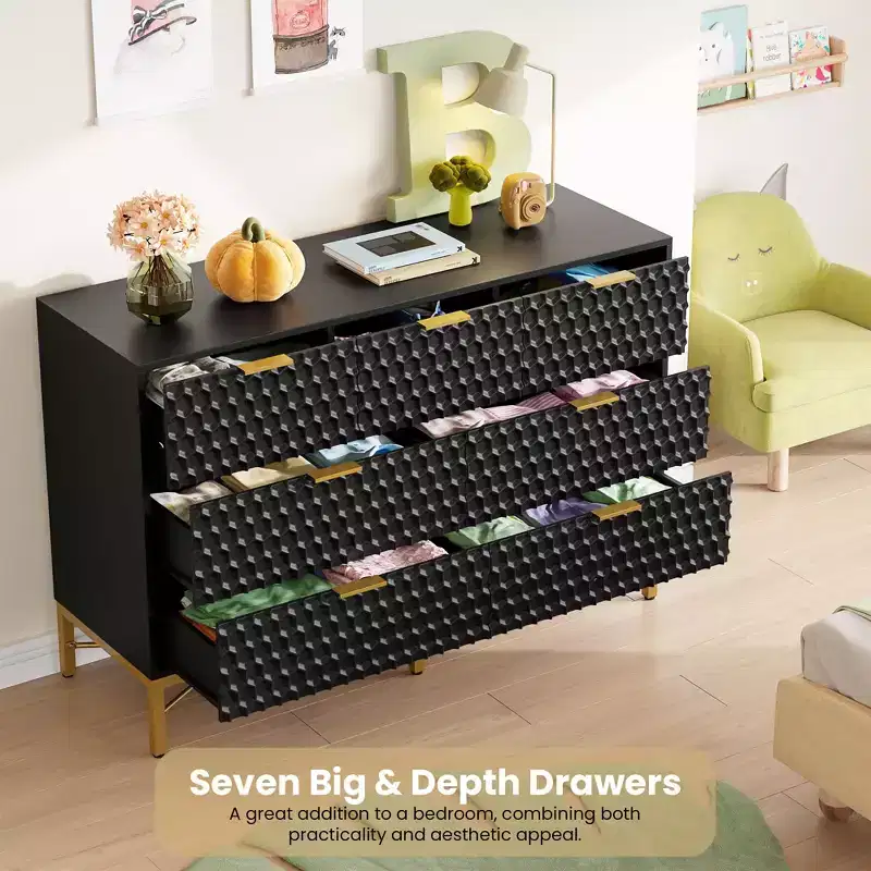 Modern 7-Drawer Dresser, Nightstand with Wide Top for Bedroom, Black