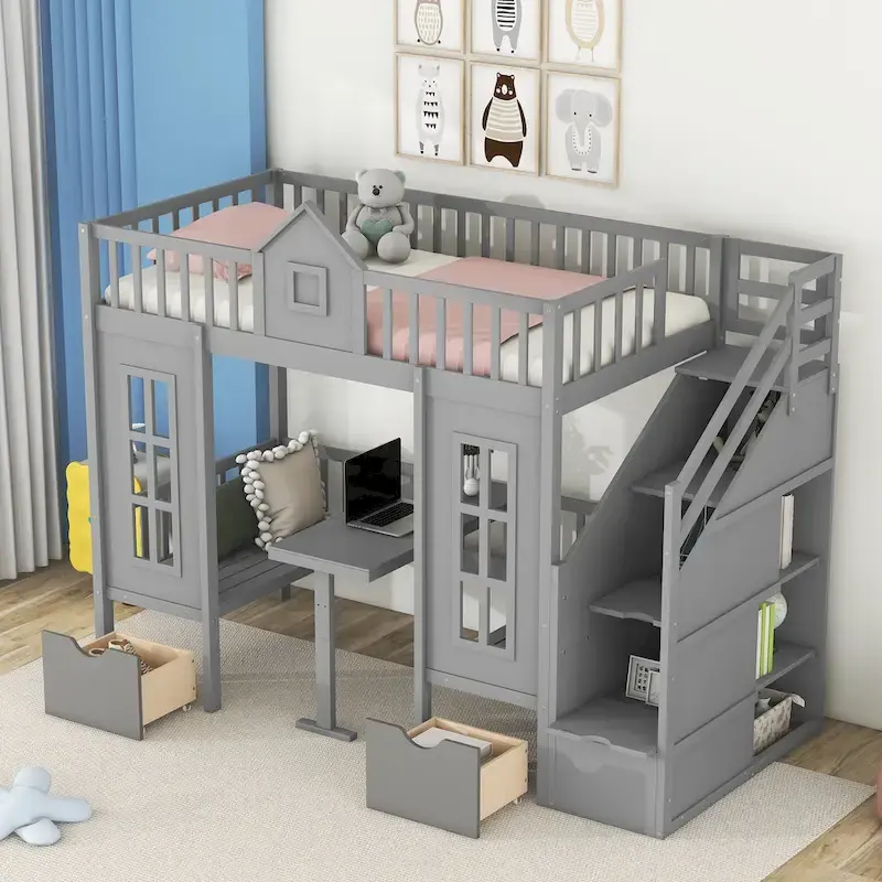 Twin Over Twin Bunk Bed with Convertible Desk - Gray