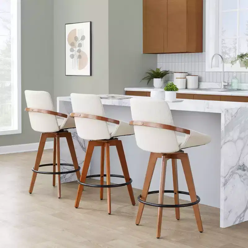 Mid-Century Counter Height Barstool, Walnut Bamboo Frame, Cream Fabric, 360° Swivel