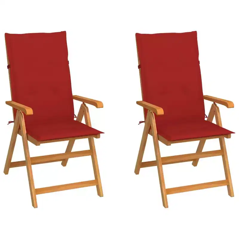 vidaXL Teak Patio Chair Set with Red Cushions, Weatherproof, Foldable, Adjustable, Comfortable Outdoor Furniture for Garden, Patio and Seating Area