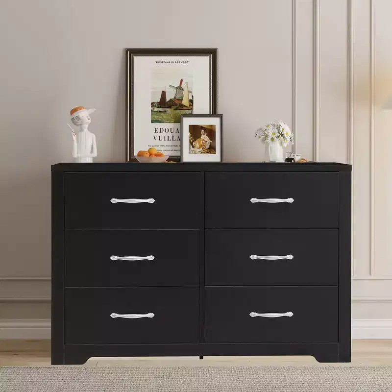 Modern 6-Drawer Dresser Wide Chest of Drawers for Bedroom MDF Wood with Scratch-Resistant Finish, Black
