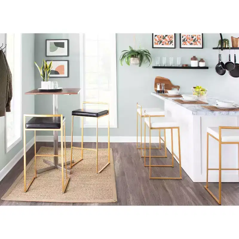 LumiSource Set of 3 Fuji Stacker Counter Height Barstools Gold/White PU