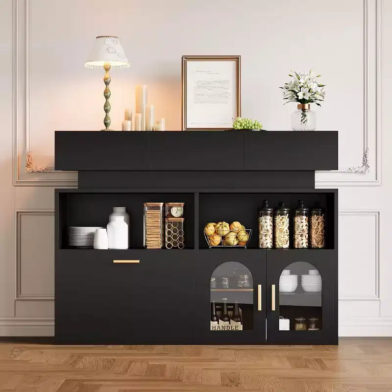 COZONY 55 Coffee Bar Cabinet with 3 Drawers & Charging Station, Kitchen Sideboard Buffet with Adjustable Shelf