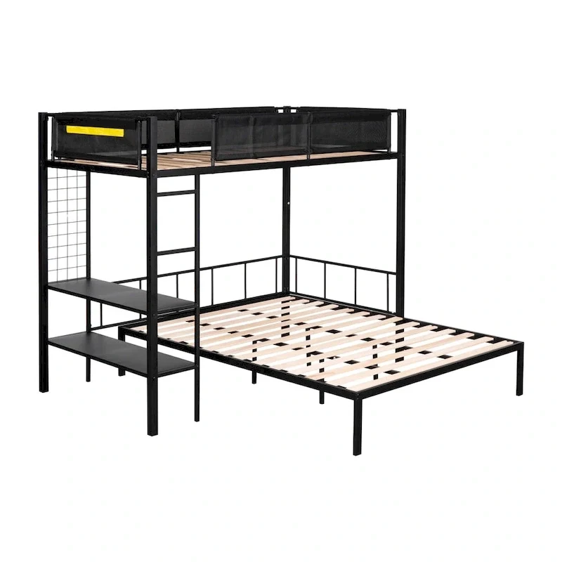 Twin over Full Bunk Bed with Shelves, Grid Panel and Separated Bottom Bed