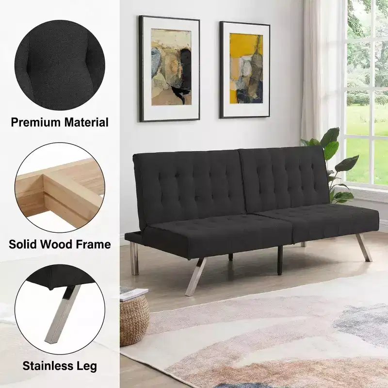 FurnitureR Fabric Convertible Futon Sofa Bed, Modern Adjustable Sleeper Couch with Tufted Cushion, Small Space Living Room Guest Bed Sofa