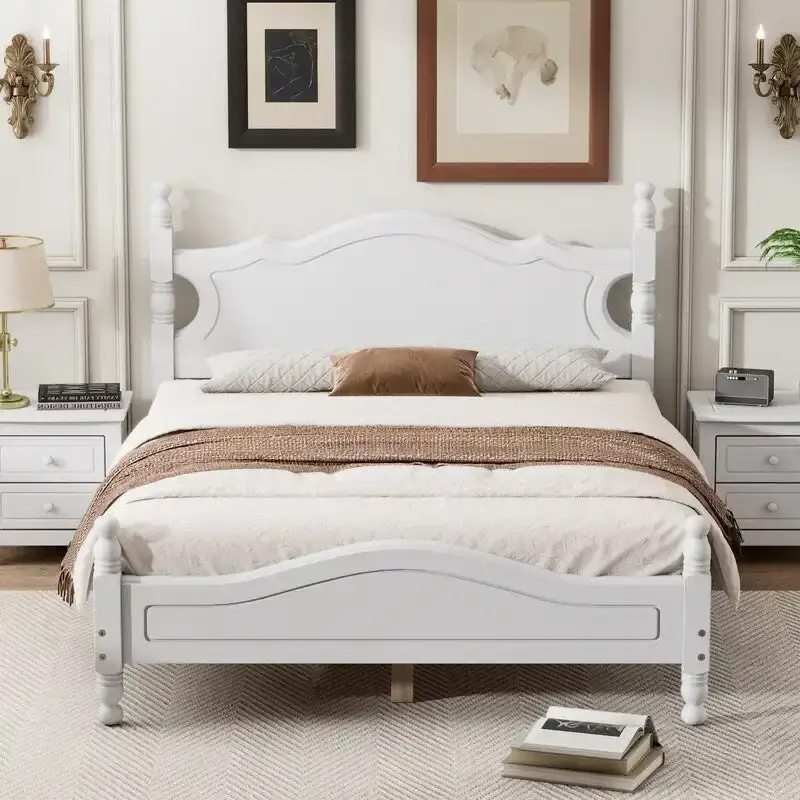 Retro Wood Platform Bed Frame with Wooden Slat Support