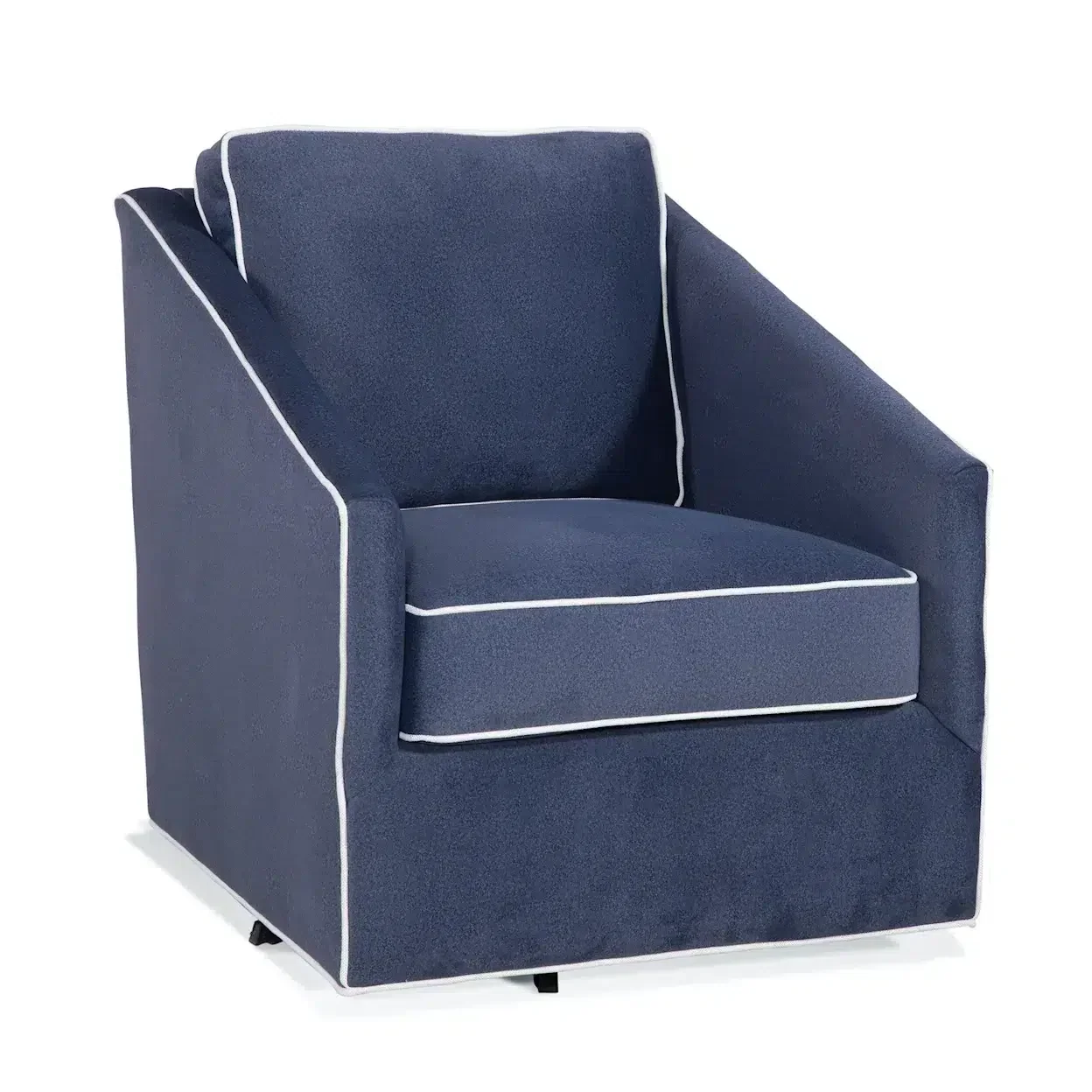 Outdoor Swivel Chair Navy Blue Upholstered Patio Accent Chair with White Piping