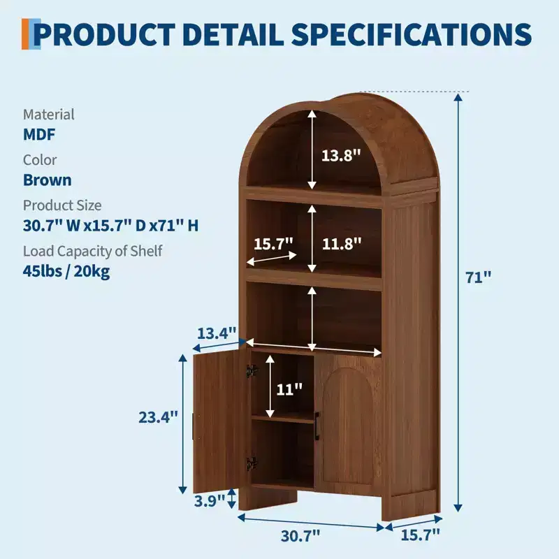 71 Tall Arched Bookcase Cabinet,5-Tier Storage with Fluted Doors, 3 Open Shelves & Adjustable Shelf, Pantry for Living Room, Dining Room, Office