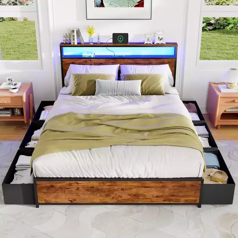 Queen Metal Platform Bed Frame with 6 Storage Drawers Bookcase Headboard Charging Station LED Lights Heavy Duty Support No Box Spring Needed