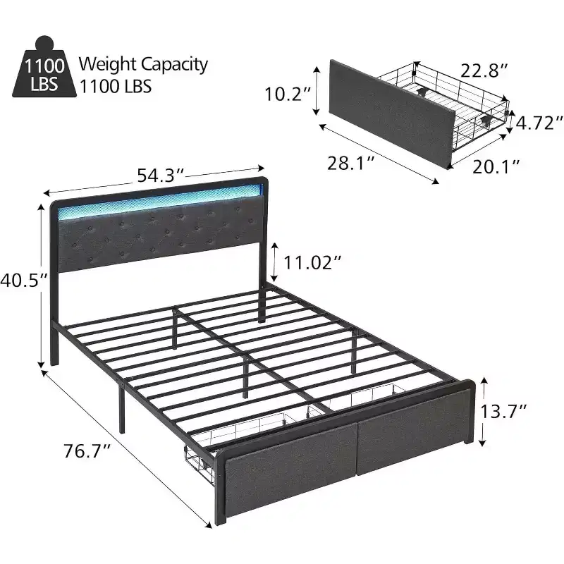 Queen Bed Frame with Storage and Headboard, Upholstered Button Tufted Platform Bed, Grey
