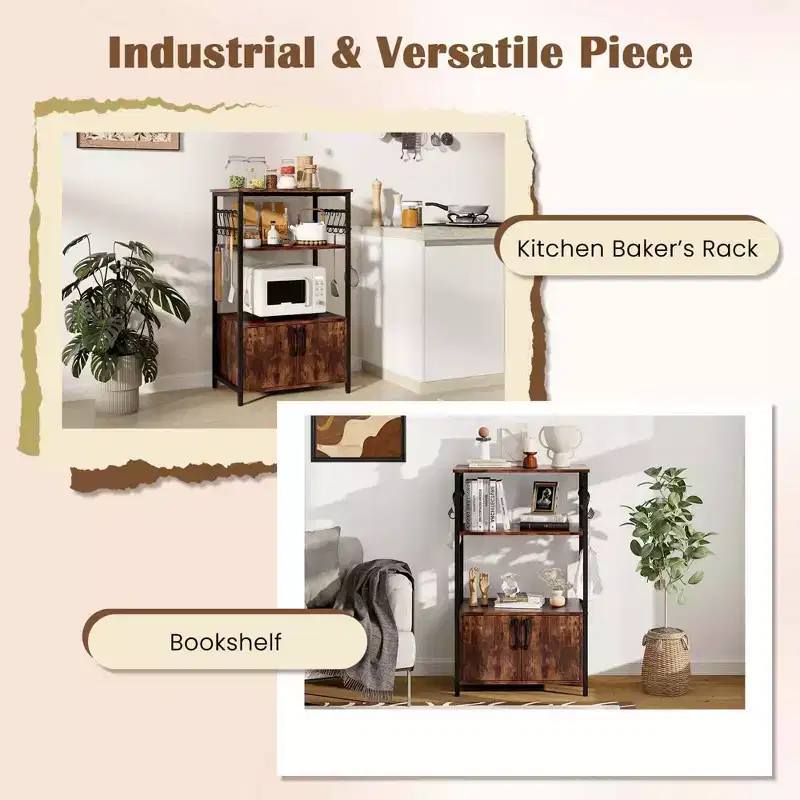 Costway 3-Tier Kitchen Bakers Rack with Cabinet 2 Open Shelves 10 S-Shaped Hooks