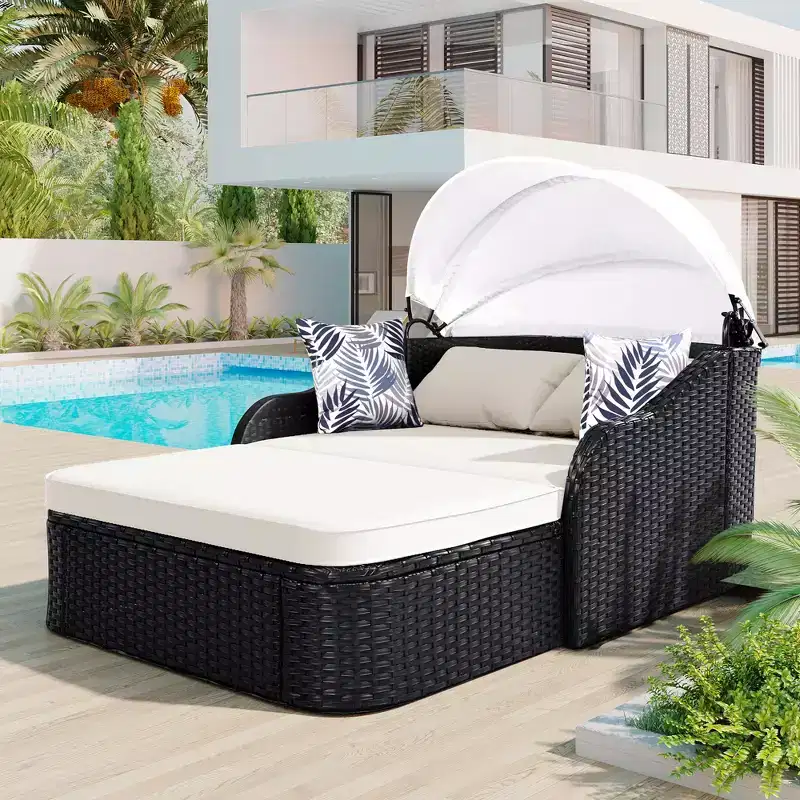 Outdoor Sunbed with Adjustable Canopy, Double Lounge, PE Rattan Daybed, Black Wicker and Cushion