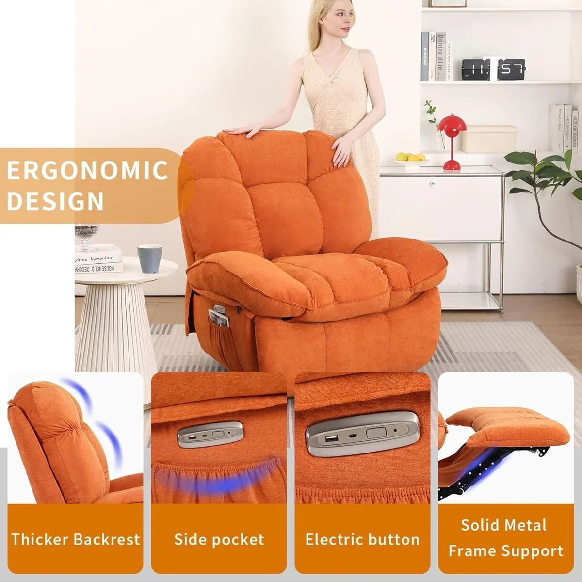 XINMICS Swivel Power Recliner Chair, Massage Rocker Recliners with Heated ,USB, USB-C and Side Pocket