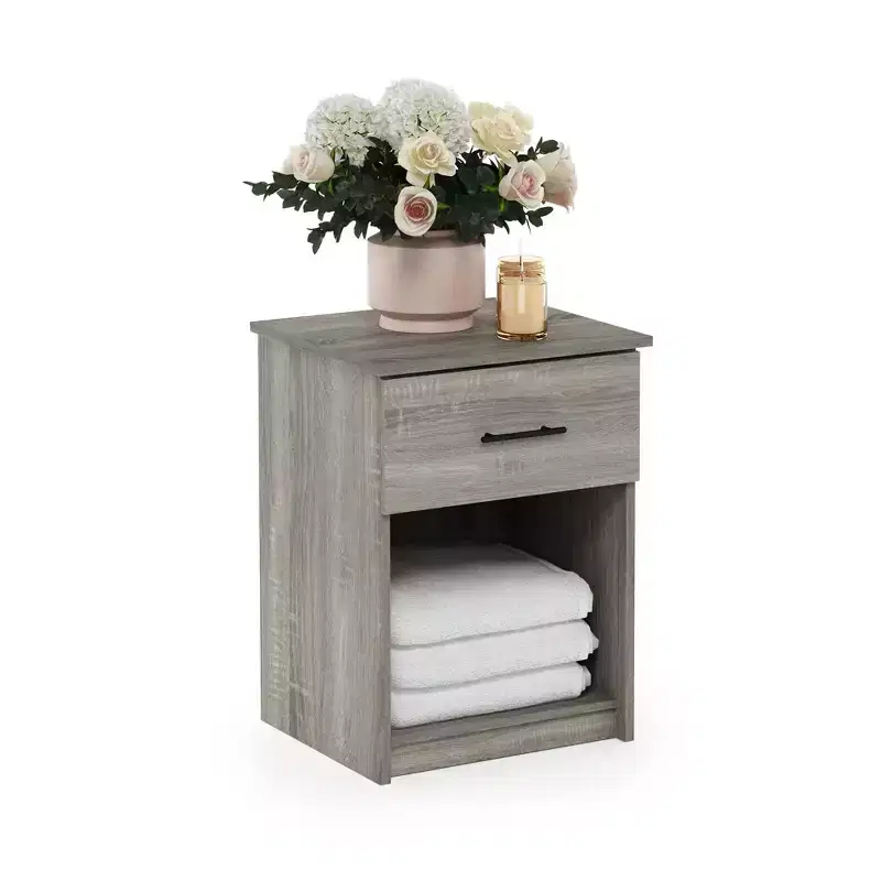 Furinno Mid-Century Nightstand Bedside End Table W/Drawer & Open Storage Cube,Gray