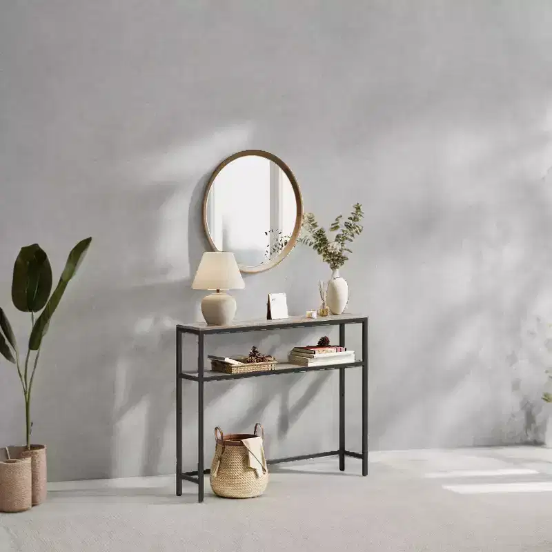 LEDREM Heather Greige and Ink Black Console Table. A 2 - Tier, 7.9 x 39.4 x 31.5 - Inch Narrow Entryway Table with 2 Shelves. Sofa Table