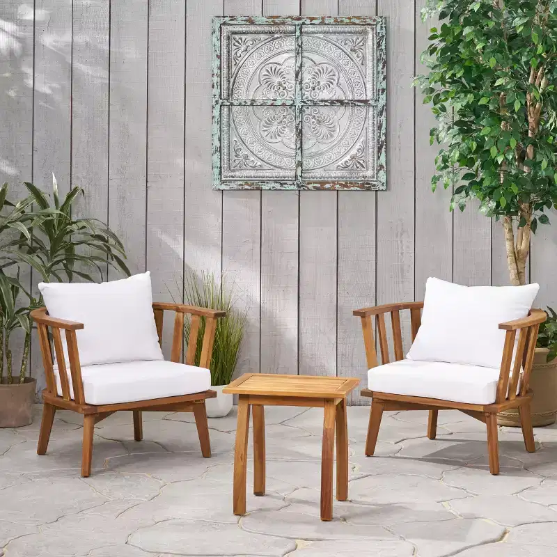 Christopher Knight Home Oleander Outdoor Acacia Wood 3 Piece Club Chair Chat Set with Cushions, Teak and White