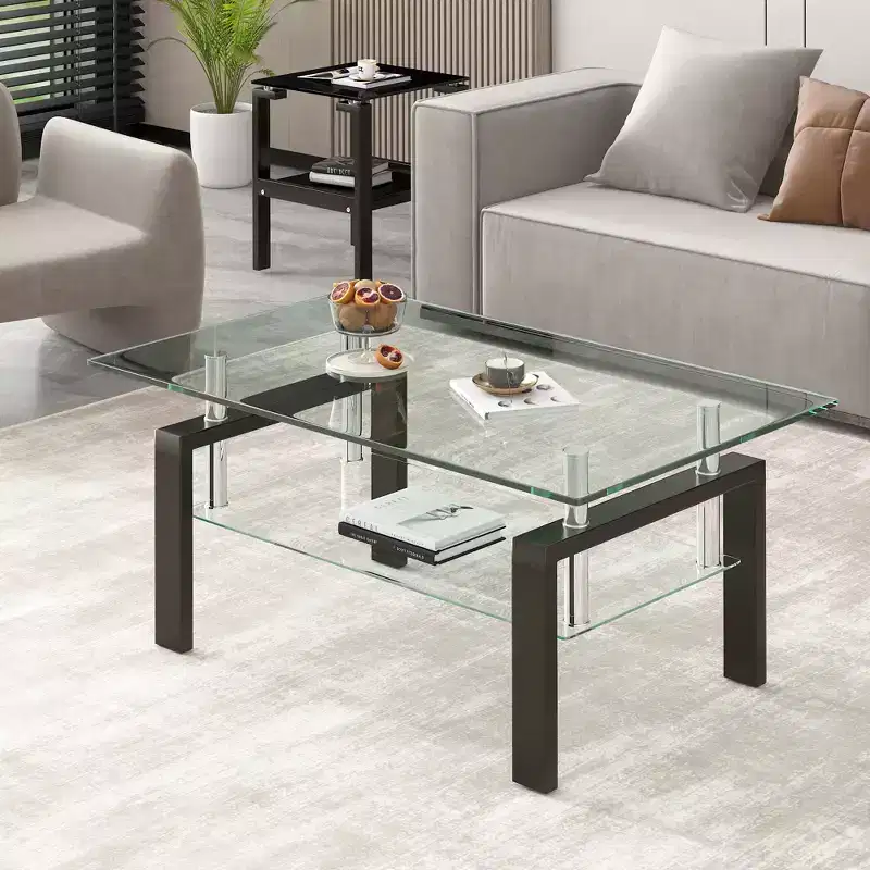 Tempered Clear Glass Coffee Table, 2-Tier Modern Center Table for Living Room