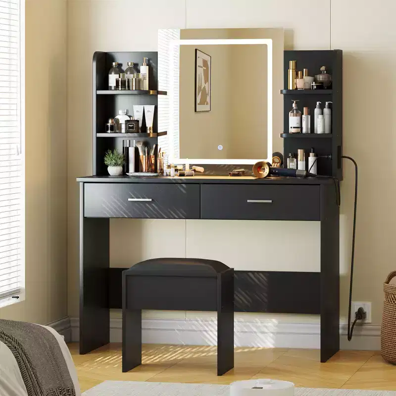 Vanity Desk with Lights Tri-Mode LED Lighted Mirror & Charging Station Makeup Vanity Set with 6 Shelves, 2 Drawers and Soft Cushion Stool